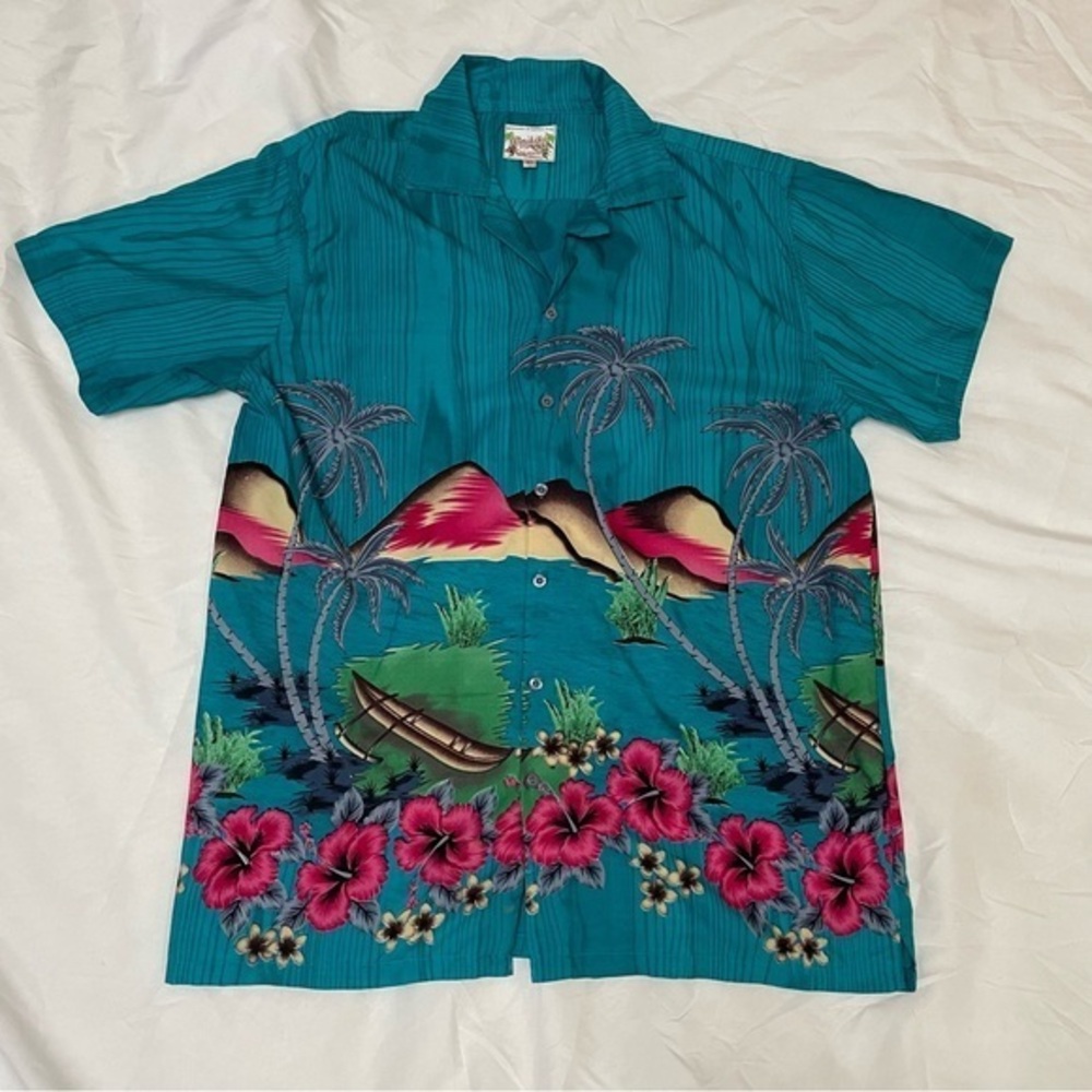 Authentic Hawaiian Waikiki Creations Vibrant Teal Tropical Shirt with Palm Trees